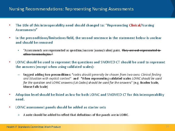 Nursing Recommendations: Representing Nursing Assessments • The title of this interoperability need should changed