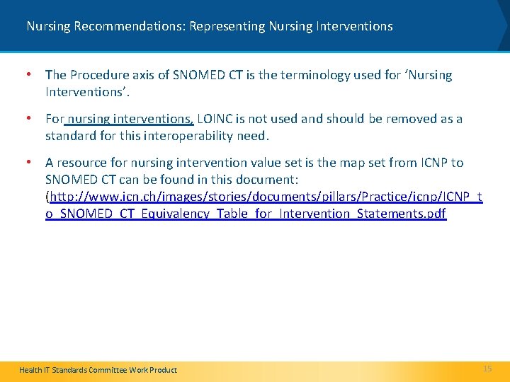 Nursing Recommendations: Representing Nursing Interventions • The Procedure axis of SNOMED CT is the