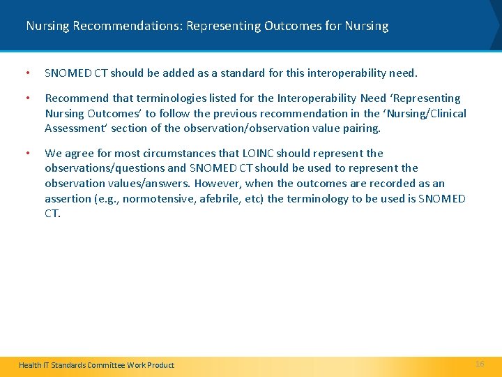Nursing Recommendations: Representing Outcomes for Nursing • SNOMED CT should be added as a
