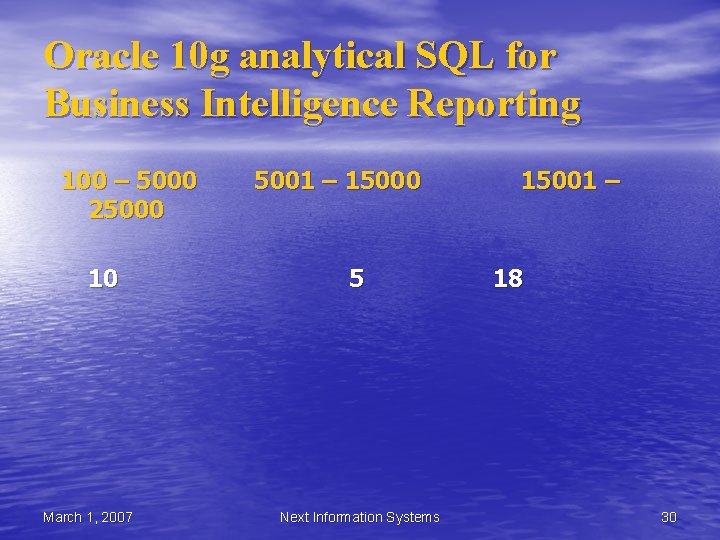 Oracle 10 g analytical SQL for Business Intelligence Reporting 100 – 5000 25000 10 Oracle 10 g analytical SQL for Business Intelligence Reporting 100 – 5000 25000 10