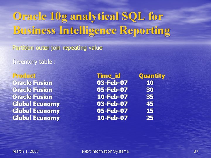 Oracle 10 g analytical SQL for Business Intelligence Reporting Partition outer join repeating value Oracle 10 g analytical SQL for Business Intelligence Reporting Partition outer join repeating value