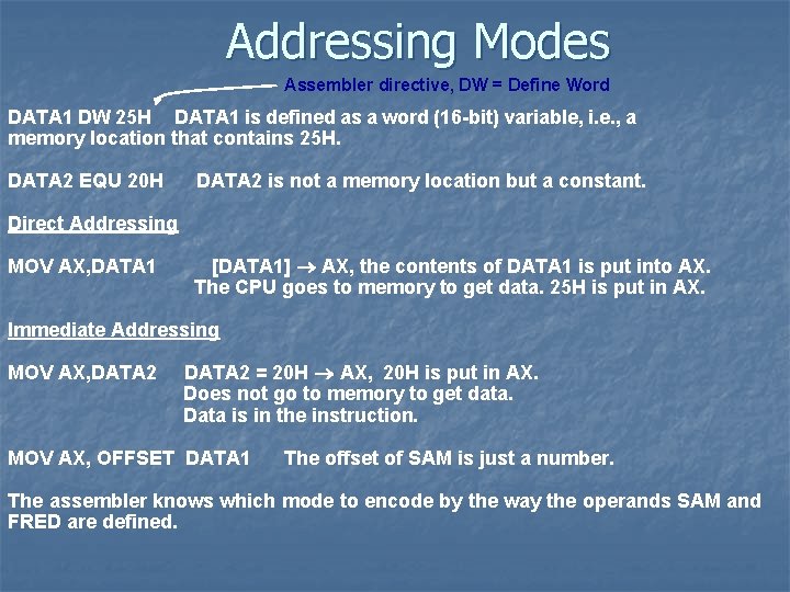 Addressing Modes Assembler directive, DW = Define Word DATA 1 DW 25 H DATA