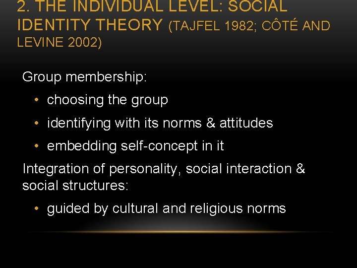 2. THE INDIVIDUAL LEVEL: SOCIAL IDENTITY THEORY (TAJFEL 1982; CÔTÉ AND LEVINE 2002) Group