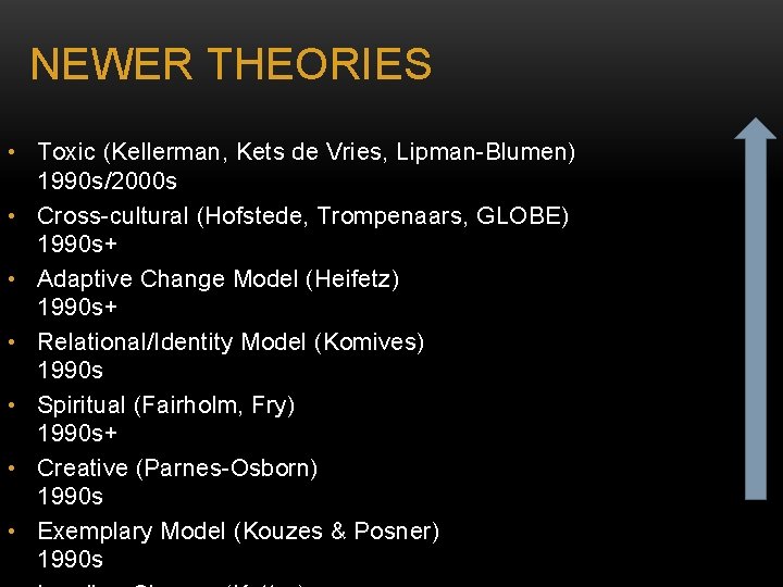 NEWER THEORIES • Toxic (Kellerman, Kets de Vries, Lipman-Blumen) 1990 s/2000 s • Cross-cultural