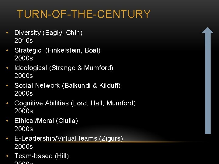 TURN-OF-THE-CENTURY • Diversity (Eagly, Chin) 2010 s • Strategic (Finkelstein, Boal) 2000 s •