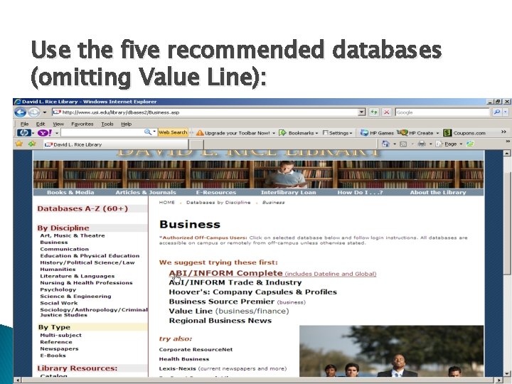 Use the five recommended databases (omitting Value Line): 