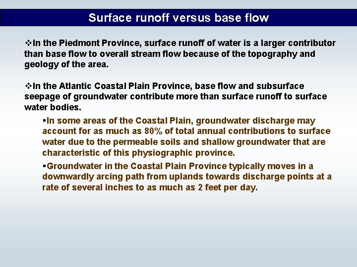 Surface runoff versus base flow v. In the Piedmont Province, surface runoff of water