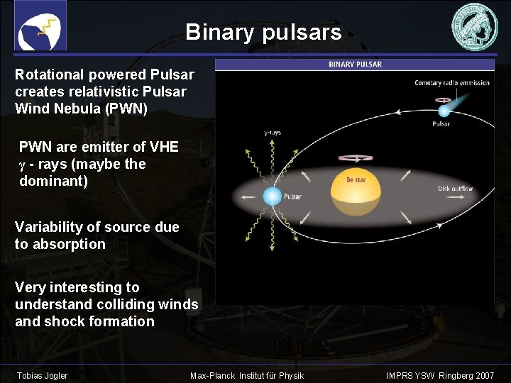 Binary pulsars Rotational powered Pulsar creates relativistic Pulsar Wind Nebula (PWN) PWN are emitter