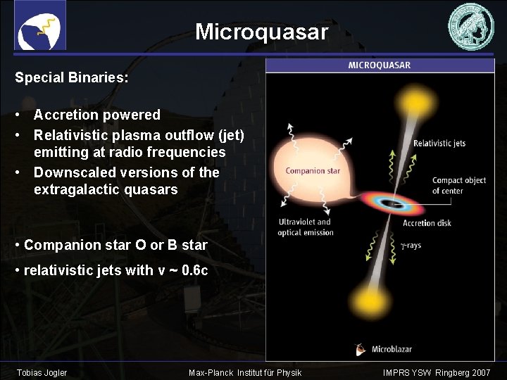 Microquasar Special Binaries: • Accretion powered • Relativistic plasma outflow (jet) emitting at radio