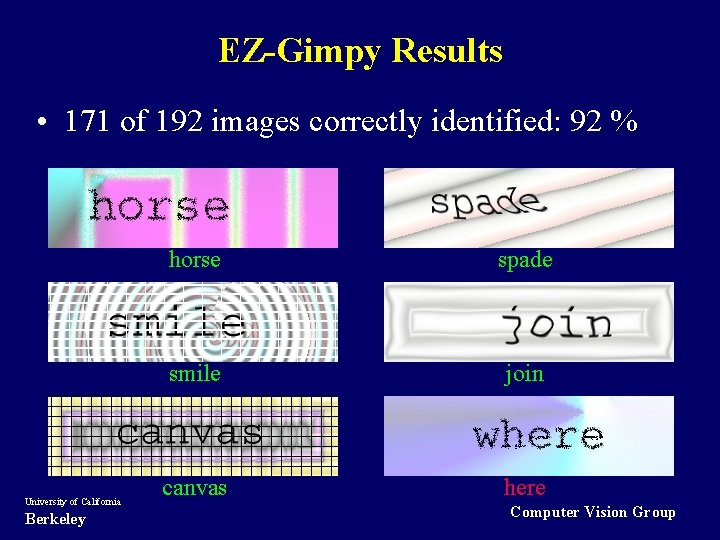 EZ-Gimpy Results • 171 of 192 images correctly identified: 92 % University of California