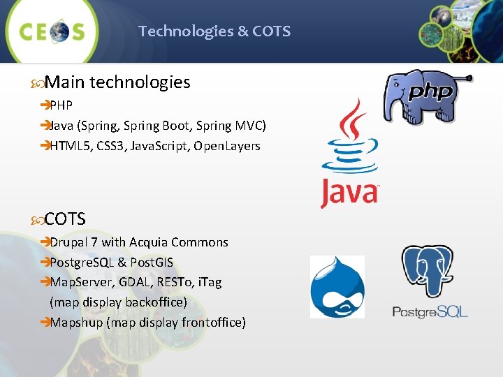Technologies & COTS Main technologies èPHP èJava (Spring, Spring Boot, Spring MVC) èHTML 5,