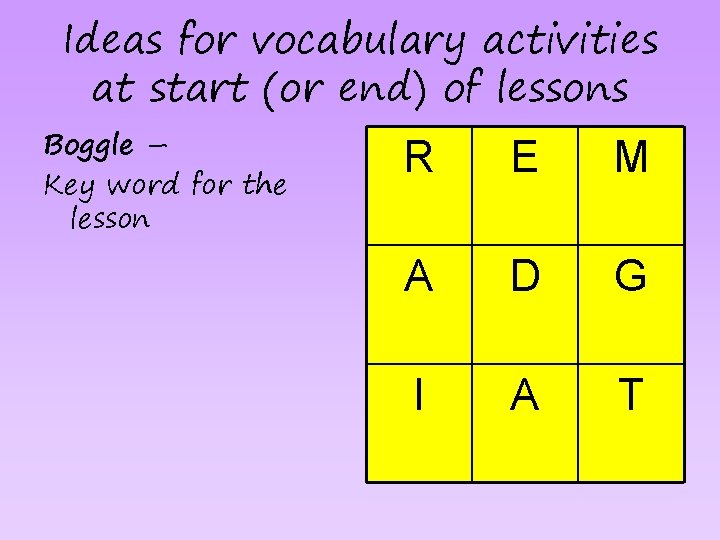 Ideas for vocabulary activities at start (or end) of lessons Boggle – Key word