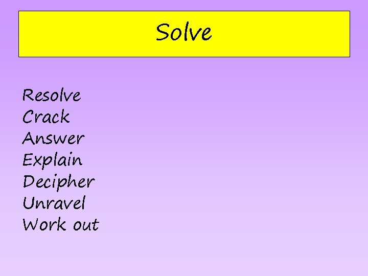 Solve Resolve Crack Answer Explain Decipher Unravel Work out 