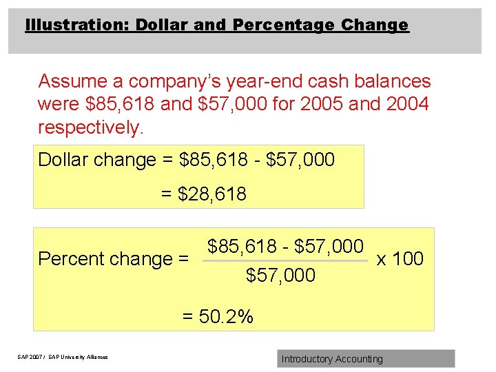 Illustration: Dollar and Percentage Change Assume a company’s year-end cash balances were $85, 618