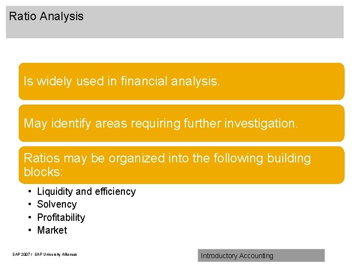 Ratio Analysis Is widely used in financial analysis. May identify areas requiring further investigation.