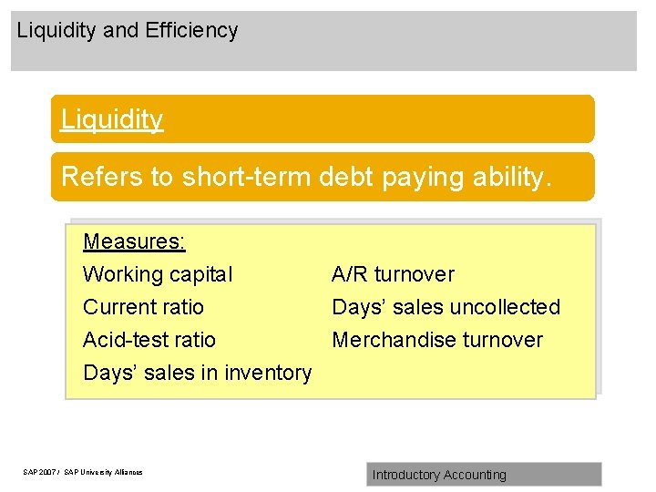 Liquidity and Efficiency Liquidity Refers to short-term debt paying ability. Measures: Working capital Current