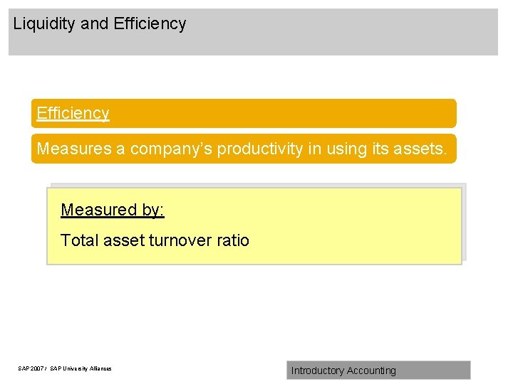 Liquidity and Efficiency Measures a company’s productivity in using its assets. Measured by: Total