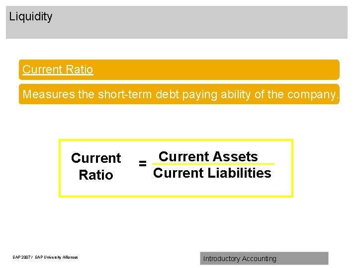 Liquidity Current Ratio Measures the short-term debt paying ability of the company. Current Ratio