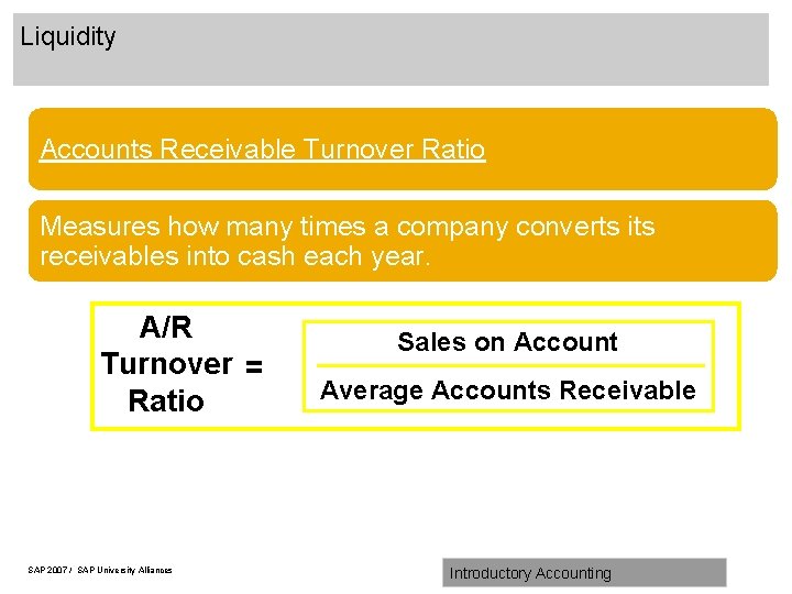 Liquidity Accounts Receivable Turnover Ratio Measures how many times a company converts its receivables