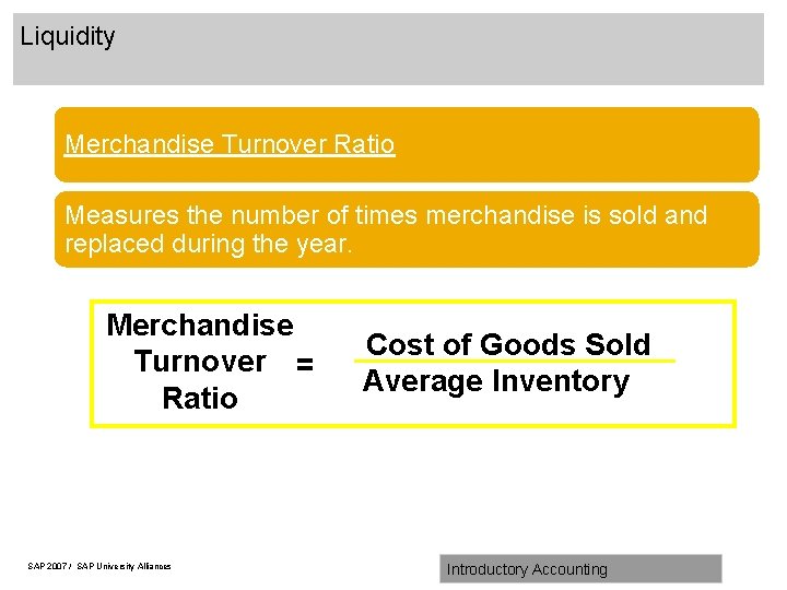 Liquidity Merchandise Turnover Ratio Measures the number of times merchandise is sold and replaced