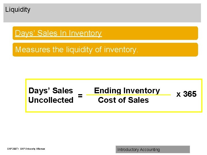 Liquidity Days’ Sales In Inventory Measures the liquidity of inventory. Days’ Sales = Uncollected