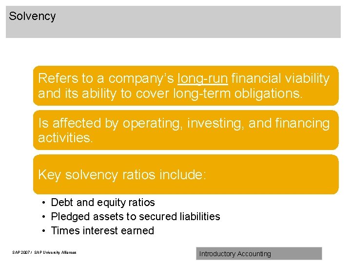 Solvency Refers to a company’s long-run financial viability and its ability to cover long-term