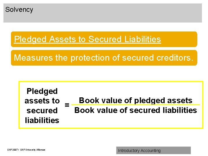 Solvency Pledged Assets to Secured Liabilities Measures the protection of secured creditors. Pledged Book