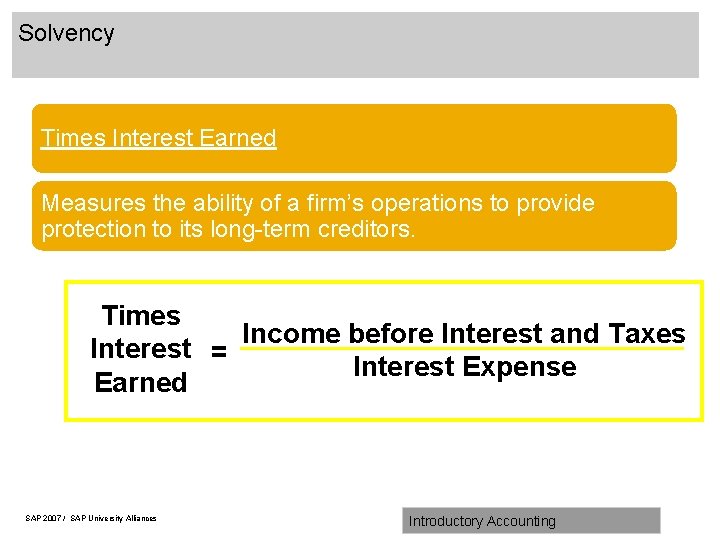Solvency Times Interest Earned Measures the ability of a firm’s operations to provide protection