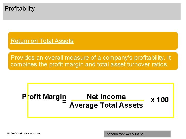 Profitability Return on Total Assets Provides an overall measure of a company’s profitability. It