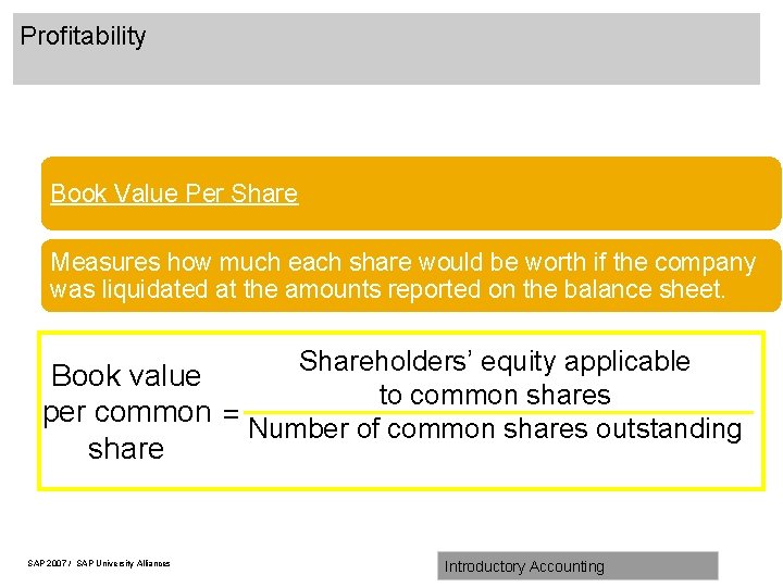 Profitability Book Value Per Share Measures how much each share would be worth if