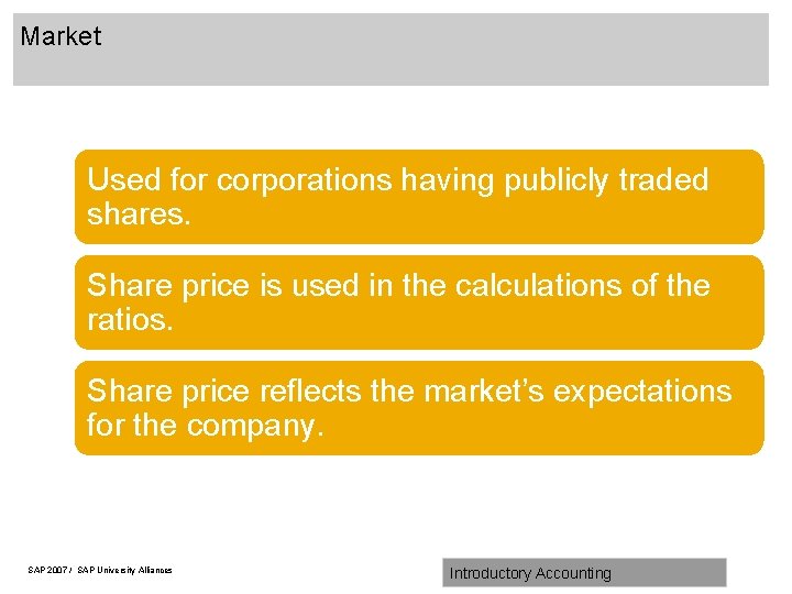 Market Used for corporations having publicly traded shares. Share price is used in the