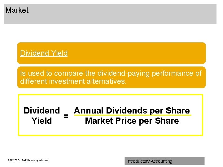 Market Dividend Yield Is used to compare the dividend-paying performance of different investment alternatives.