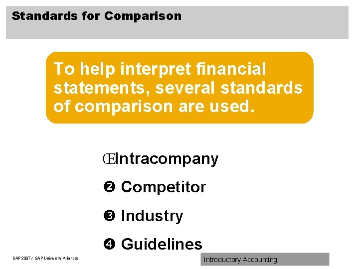 Standards for Comparison To help interpret financial statements, several standards of comparison are used.