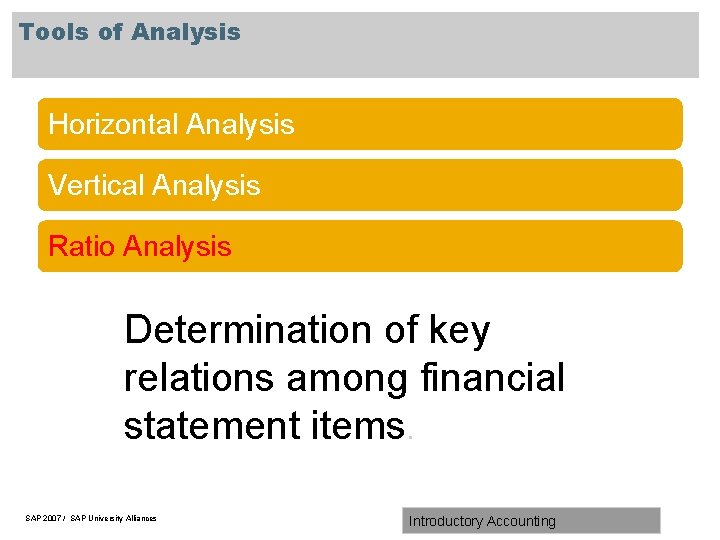 Tools of Analysis Horizontal Analysis Vertical Analysis Ratio Analysis Determination of key relations among