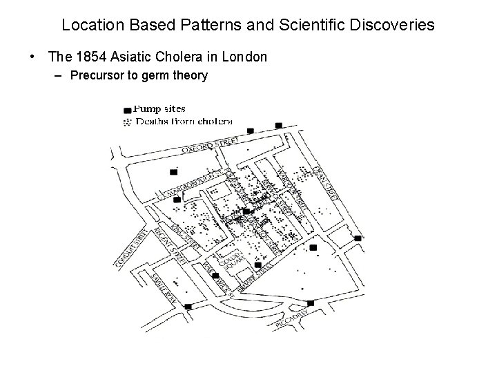 Location Based Patterns and Scientific Discoveries • The 1854 Asiatic Cholera in London –