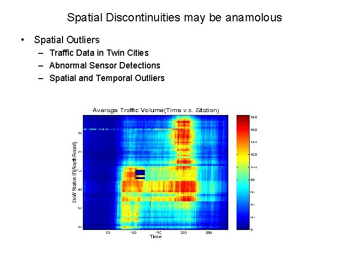 Spatial Discontinuities may be anamolous • Spatial Outliers – Traffic Data in Twin Cities