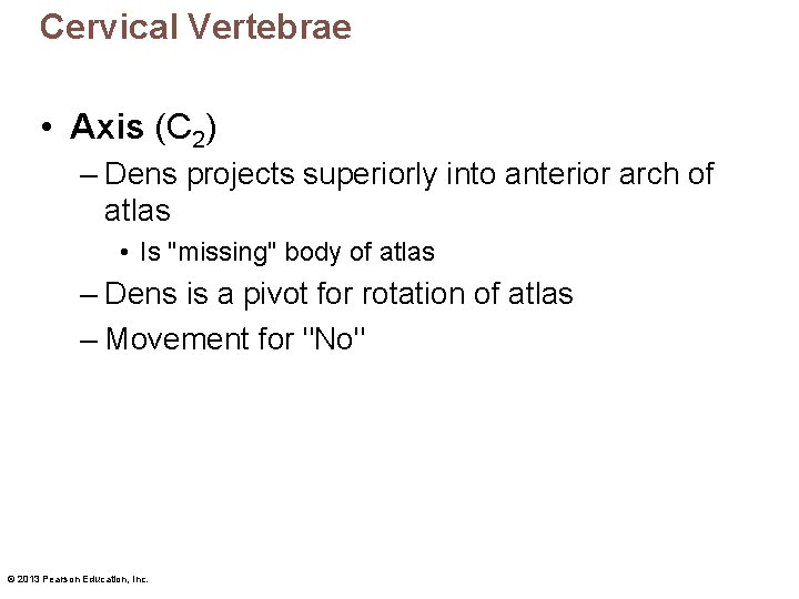 Cervical Vertebrae • Axis (C 2) – Dens projects superiorly into anterior arch of