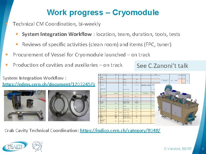 Work progress – Cryomodule § Technical CM Coordination, bi-weekly § System Integration Workflow :