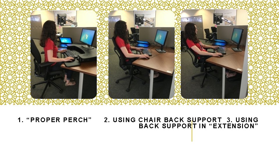 1. “PROPER PERCH” 2. USING CHAIR BACK SUPPORT 3. USING BACK SUPPORT IN “EXTENSION”