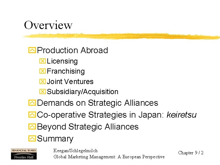 Overview y. Production Abroad x. Licensing x. Franchising x. Joint Ventures x. Subsidiary/Acquisition y.