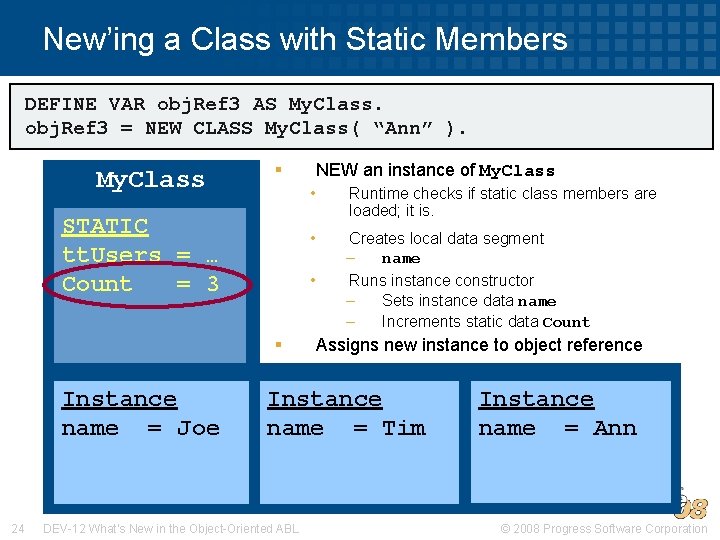 New’ing a Class with Static Members DEFINE VAR obj. Ref 3 AS My. Class.