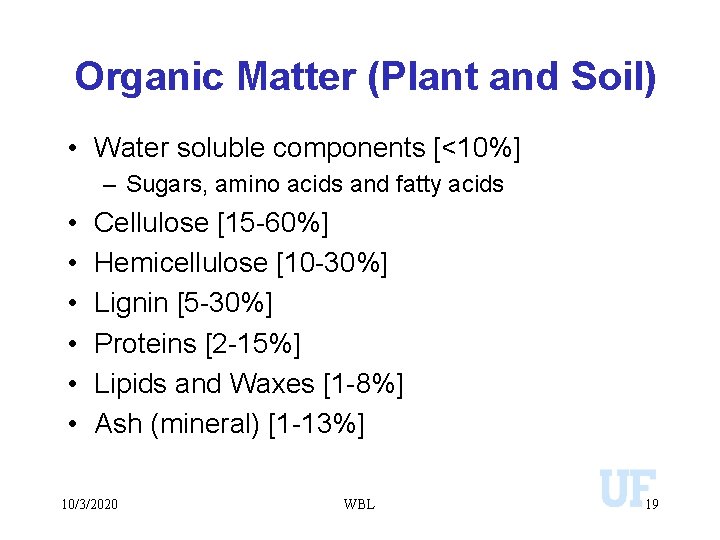 Organic Matter (Plant and Soil) • Water soluble components [<10%] – Sugars, amino acids