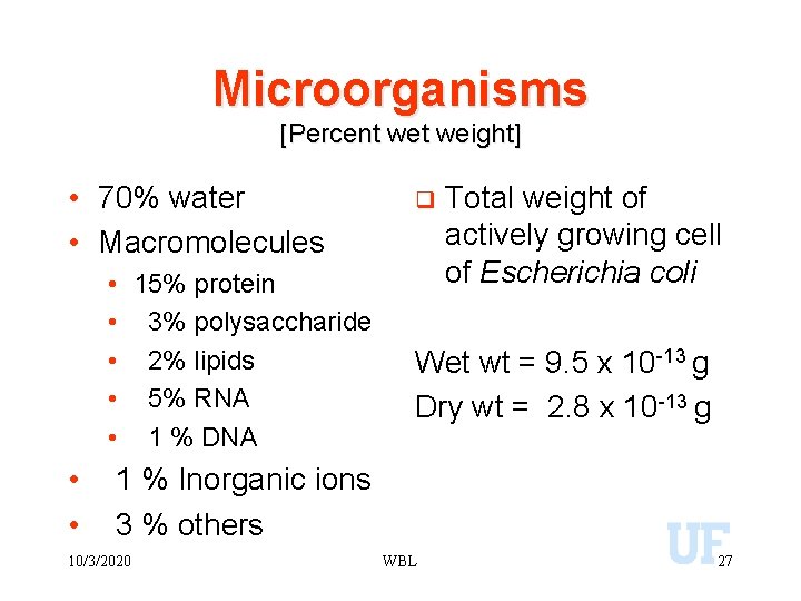Microorganisms [Percent weight] • 70% water • Macromolecules • 15% protein • 3% polysaccharide