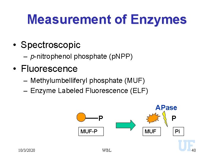 Measurement of Enzymes • Spectroscopic – p-nitrophenol phosphate (p. NPP) • Fluorescence – Methylumbelliferyl