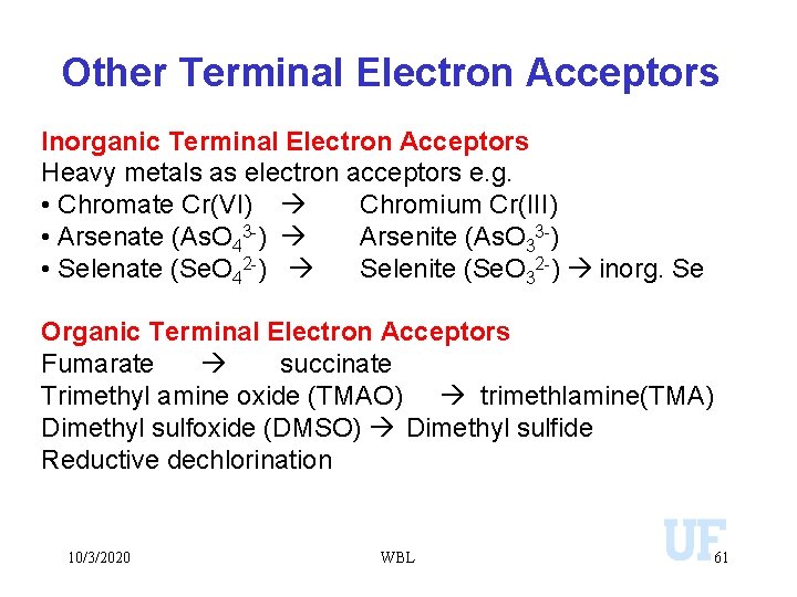 Other Terminal Electron Acceptors Inorganic Terminal Electron Acceptors Heavy metals as electron acceptors e.