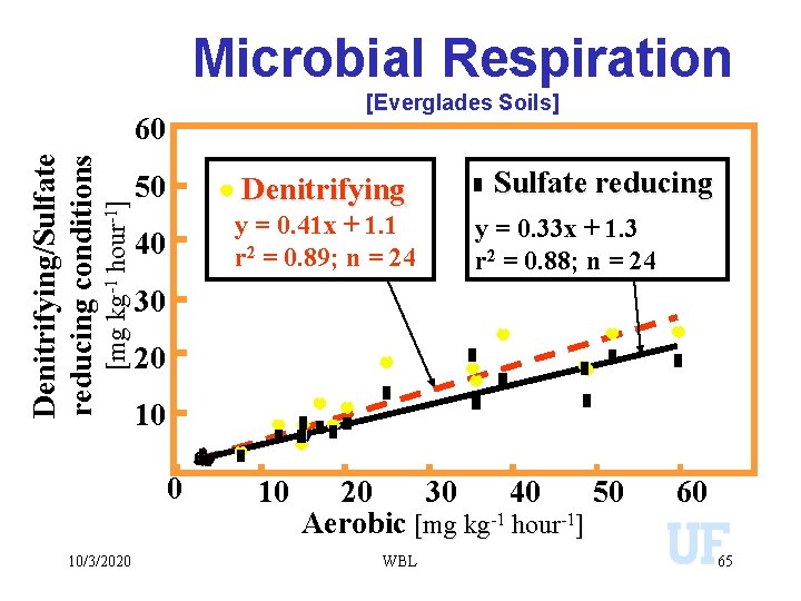 Microbial Respiration [Everglades Soils] [mg kg-1 hour-1] Denitrifying/Sulfate reducing conditions 60 50 Denitrifying 40
