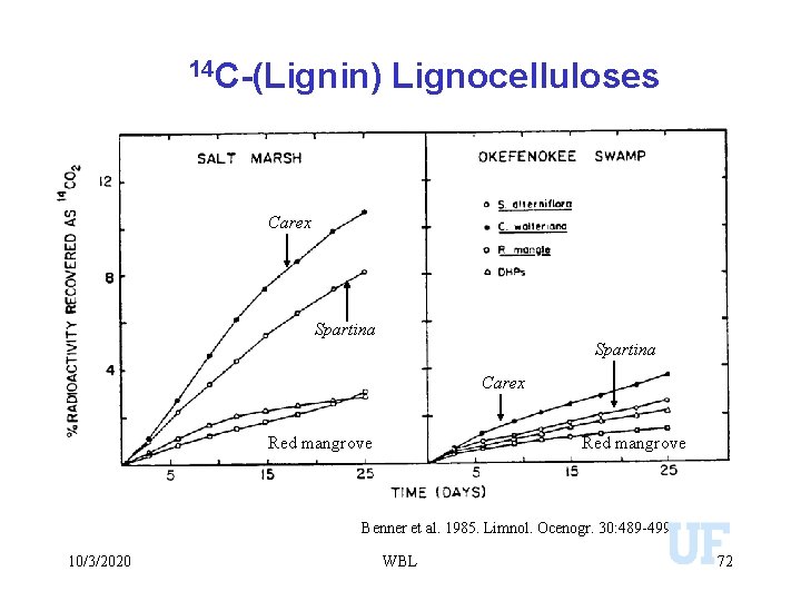 14 C-(Lignin) Lignocelluloses Carex Spartina Carex Red mangrove Benner et al. 1985. Limnol. Ocenogr.