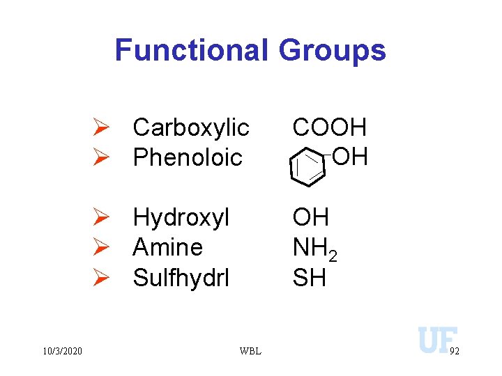 Functional Groups 10/3/2020 Ø Carboxylic Ø Phenoloic COOH OH Ø Hydroxyl Ø Amine Ø