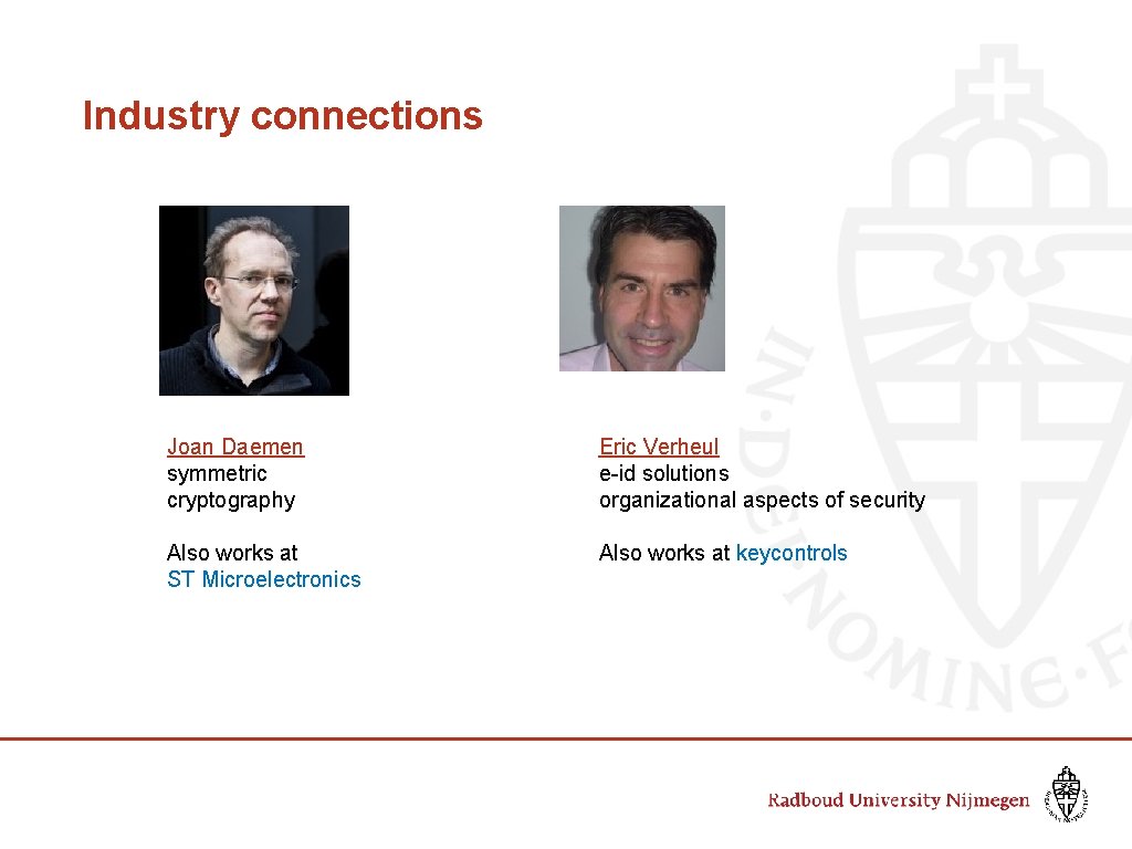 Industry connections Joan Daemen symmetric cryptography Eric Verheul e-id solutions organizational aspects of security