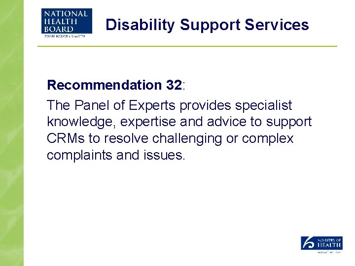 Disability Support Services Recommendation 32: The Panel of Experts provides specialist knowledge, expertise and